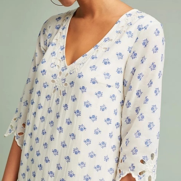 Anthropologie Meadow Rue Eyelet Floral Tunic Dress Ivory Extra Small - Picture 3 of 15